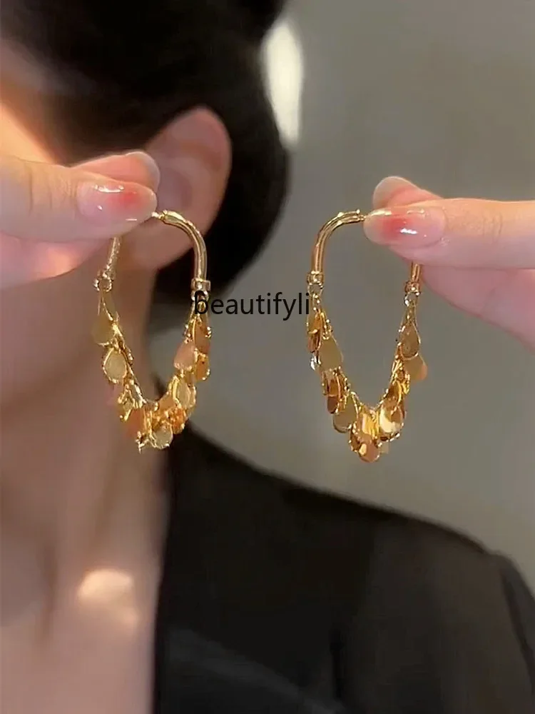 Gold sequined tassel earrings light luxury high-end new sterling silver earrings stud earrings