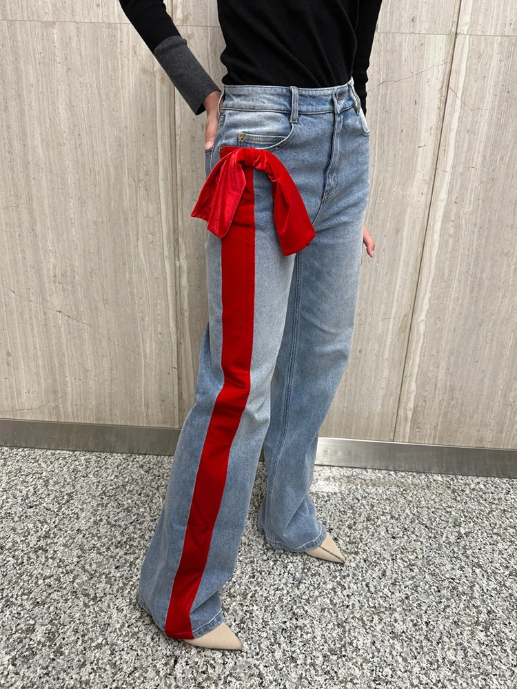 American retro washed old jeans 2025 spring side ruffles velvet ribbon splicing straight pants female