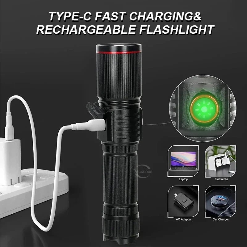 Super Strong LED Flashlight USB Rechargeable Zoomable Torch Water Proof High Power LED Lamp Powerful Lantern Outdoor Camping