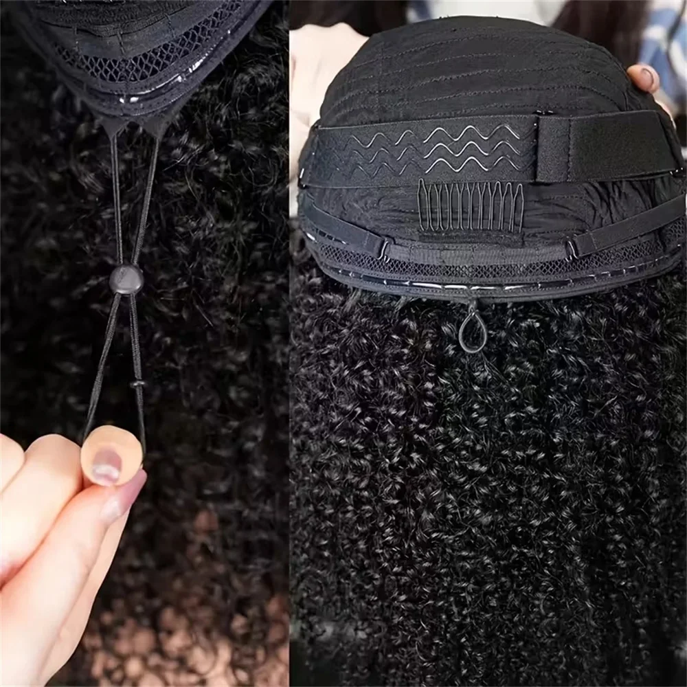 Kinky Curly Human Hair Half Wig Glueless Wig Headband Wig Upgrade 3 IN 1 Half Wig With Drawstring Seamless Clips Wig For Women
