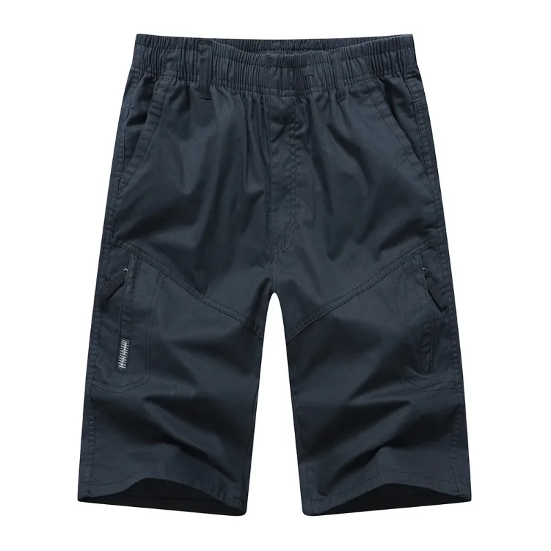 

Мужские хлопковые шорты-карго с эластичной резинкой на талии, свободного кроя, длиной до колена, с множеством карманов, повседневные, темно-синие