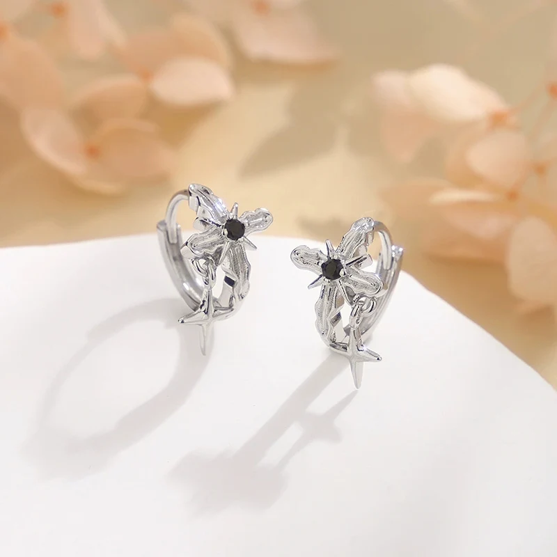 Black Zircon Four-pointed Star Ear Buckle Retro Personality Twin Star Earrings Trendy Men and Women Jewelry Cross Star Earring