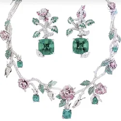 2023 Autumn Winter Emerald Tourmaline Camellia Earrings Necklace Jewelry Sets 14K White Gold Plated Ladies Vintage Fine Jewelry