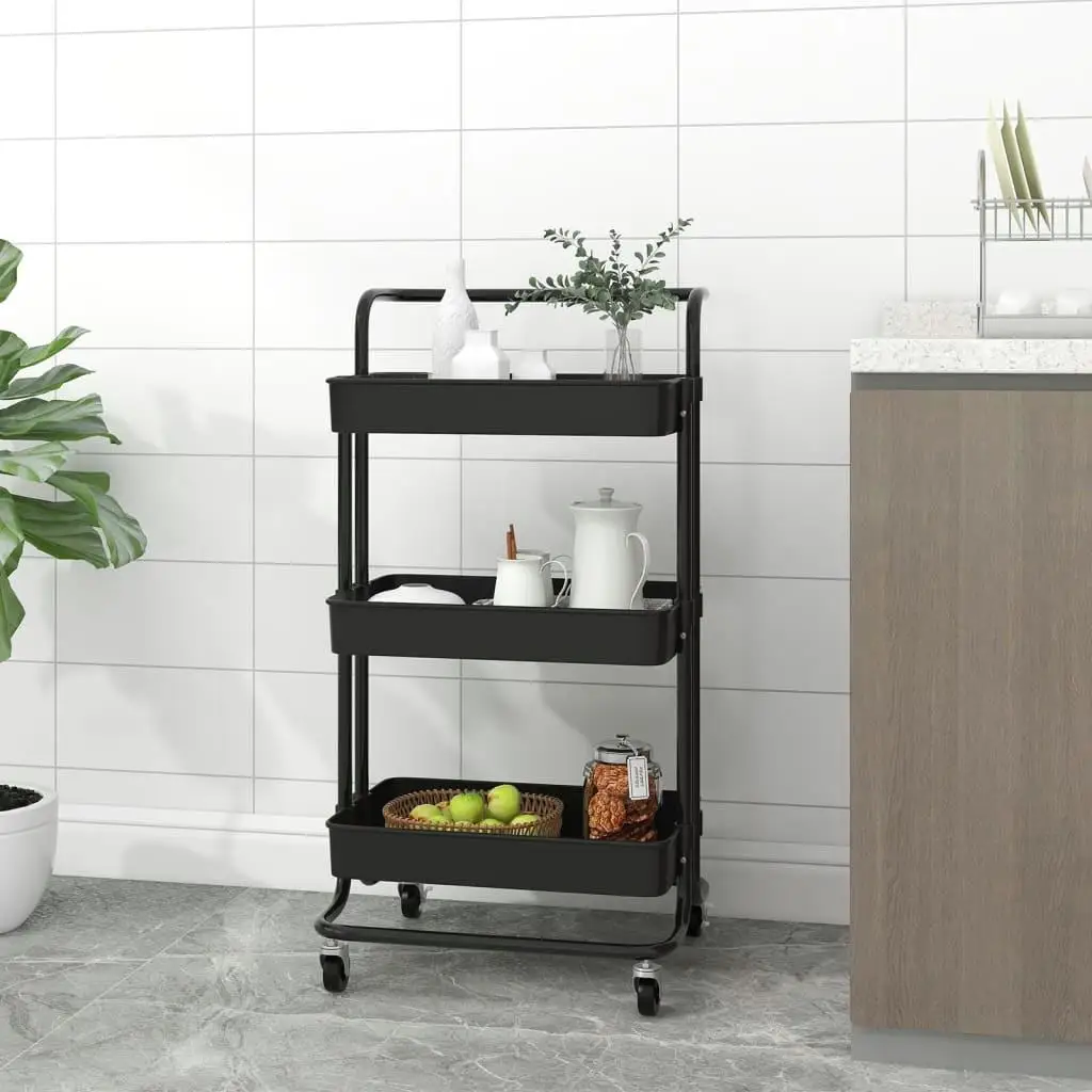 

3-Tier Black Kitchen Trolley Cart - 16.5x13.8x33.5, Durable Iron & ABS Storage Solution