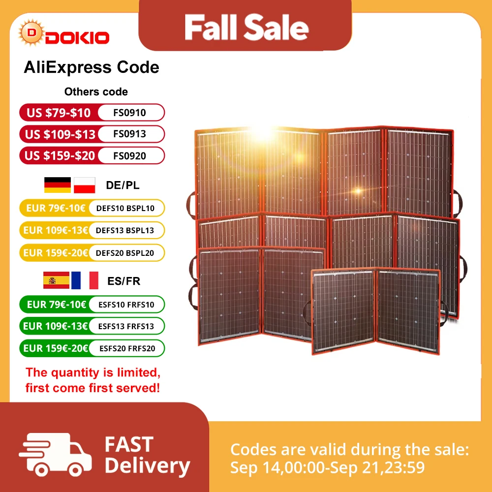 

Dokio Flexible Foldable 18V Solar Panel High Efficience Travel & Phone & Boat Portable 12V 80-295w Solar Panel Kit