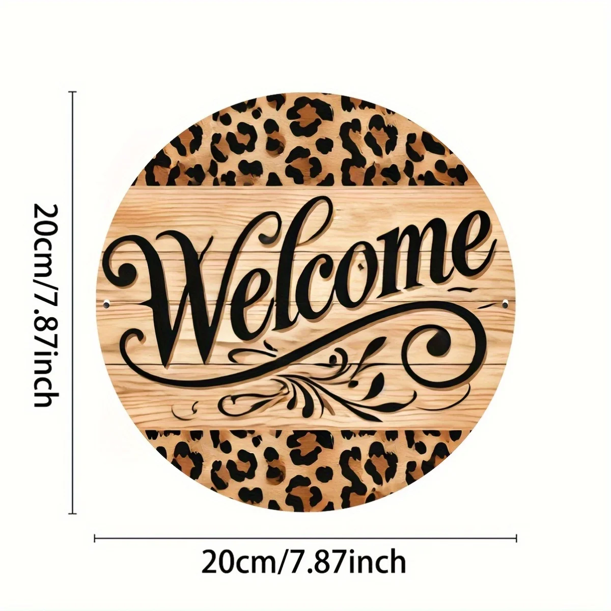 2D Flat, 1pc Vintage Aluminum Leopard Print Welcome Sign - 7.87x7.87 Inch Round Wall Hanging Plaque with Elegant Cursive Letteri