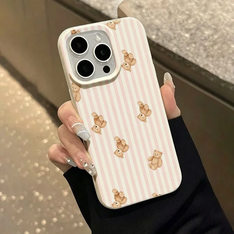 Funny Cartoon Bear Pink Striped Phone Case for iPhone 17 16 15 14 13 12 11 Pro Max Plus Air Lychee Texture Shockproof Soft Cover