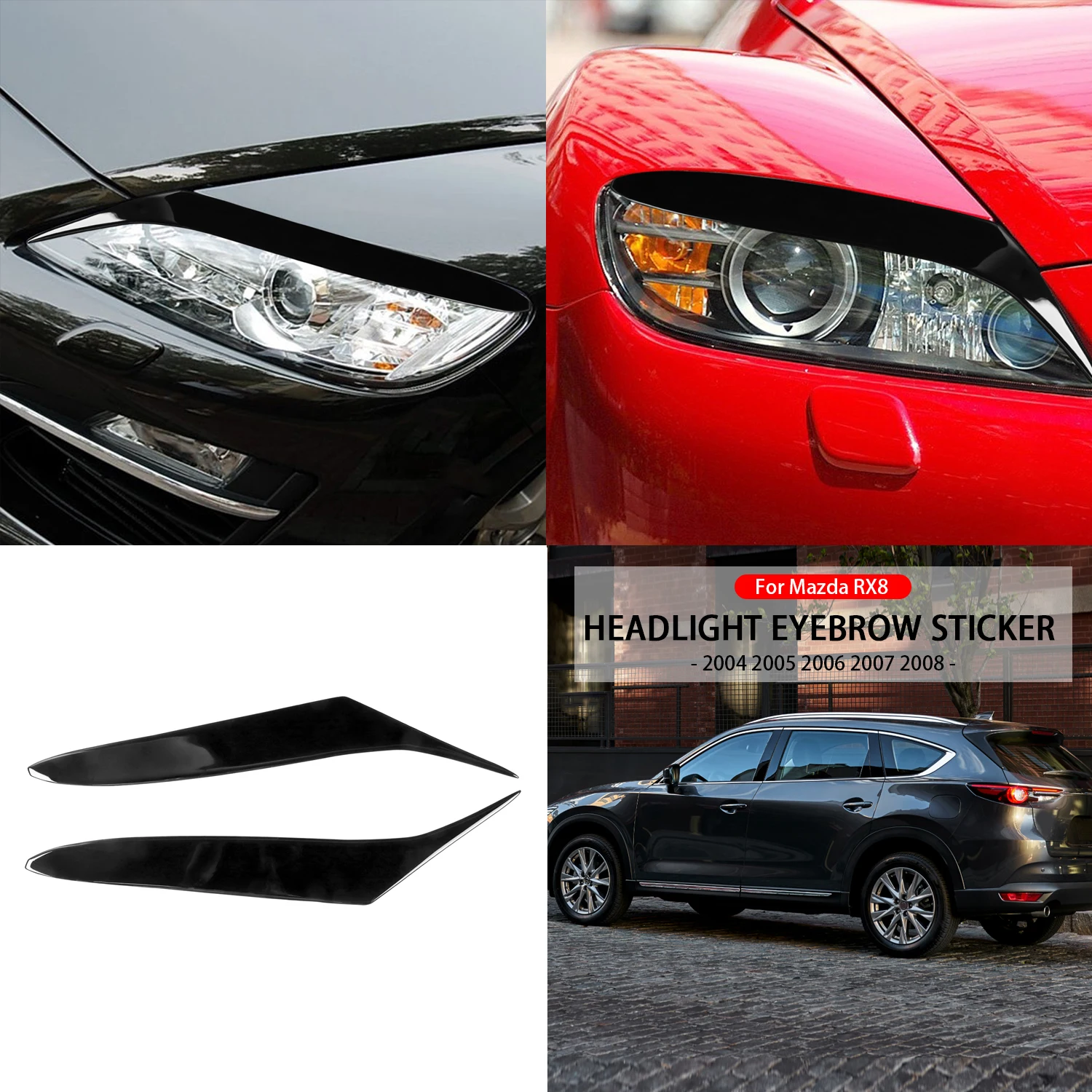 Car Front Headlight Eyebrow Eyelid Eyelash Cover Trim Piano Black Sticker For Mazda RX8 Coupe 2004-2008 Exterior Accessories