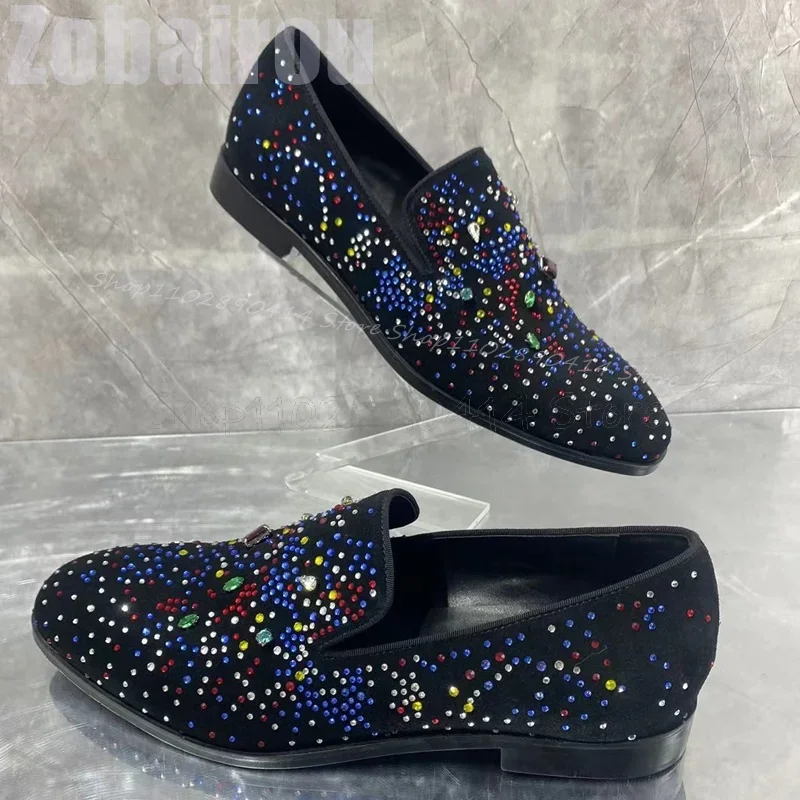

Colorful Rhinestone Decor Blue Low Top Loafers Fashion Slip On Men Shoes Luxurious Handmade Party Feast Banquet Men Dress Shoes