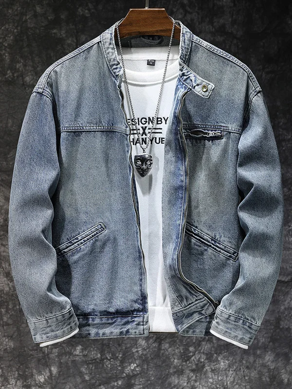 

High-End Trendy Zipper Workwear Denim Jaet Men's Loose Vintage Waed Casual Jaet Top Cotton 00% Long Sve