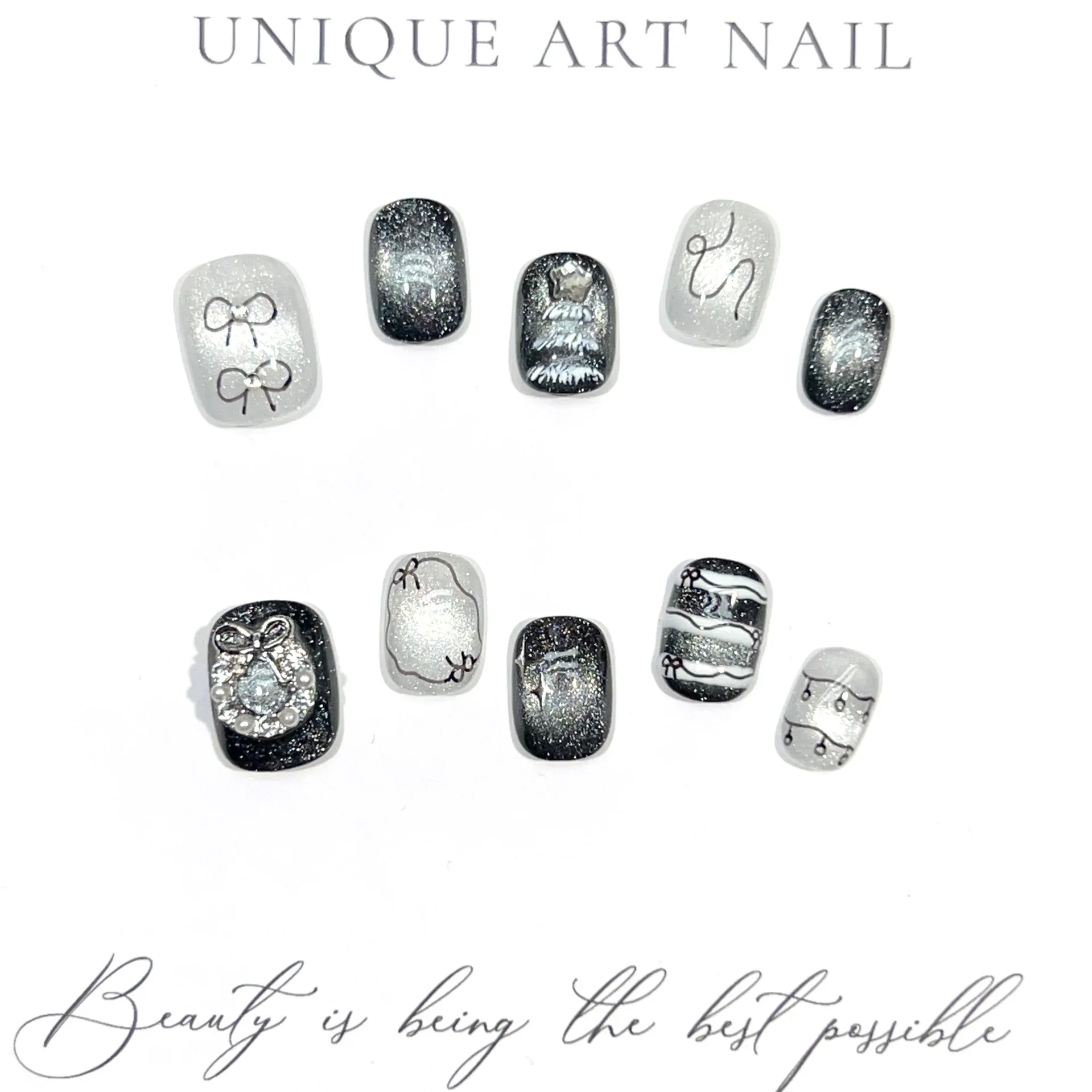 الشتاء الأرز قصيرة الصحافة على الأظافر اليدوية أبيض وأسود اللون الصدام عين القط سوبر بريق القوس بقع الأظافر وهمية #1