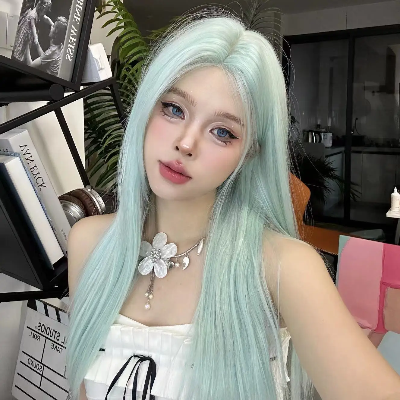 Synthetic Mint Blue Front Lace Long Straight Wig for Women Full Head Cosplay Party Costume Daily Wear 2025 New Style