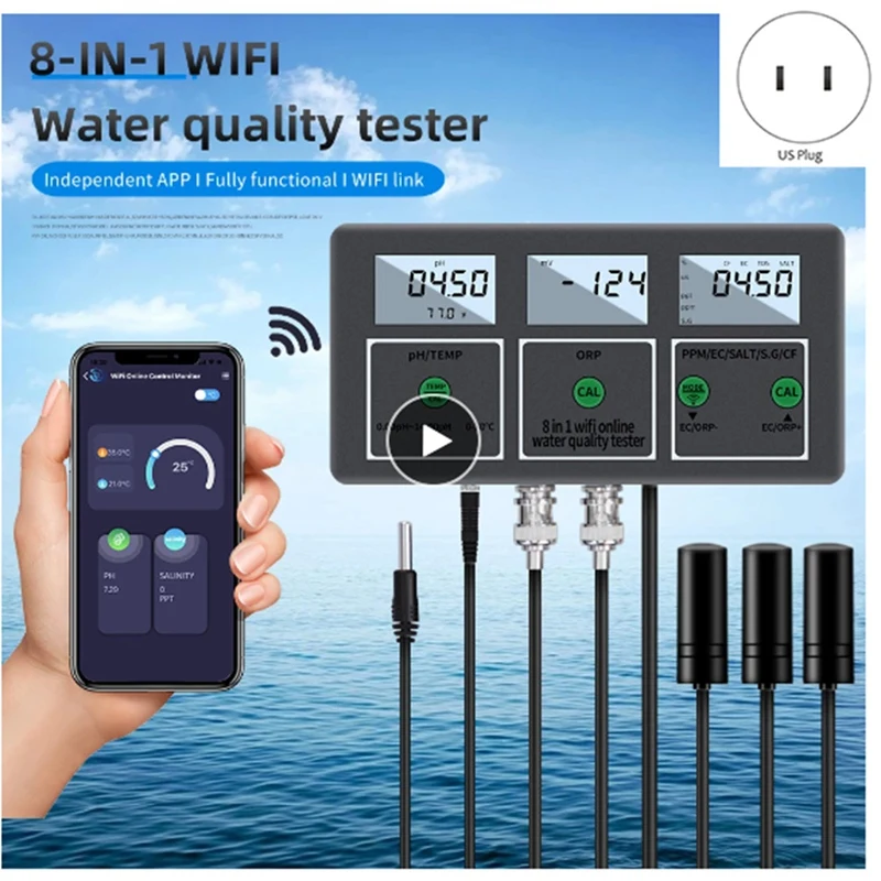 Tuya 8-In-1 Digital Wifi Wasser Qualität Tester PH EC TDS SALZ SG.Temp ORP CF Meter Multifunktions Smart Monitor