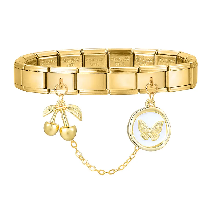 Gold Farbe Rosa Herz Stern Kirsche Mond Kette Quaste Italienischen Charme Link Fit 9mm Edelstahl Armband Frauen DIY Machen geschenke – Detail 5