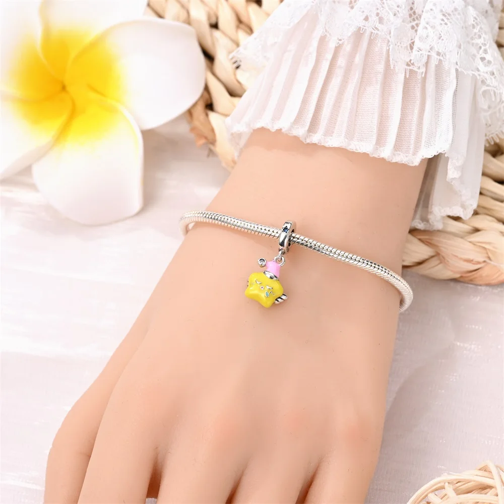 Exquisite 925 Sterling Silver Glow In Dark Pink Hat Dream Star Charm Fit Bracelet Necklaces Women's Daily Jewelry Accessories