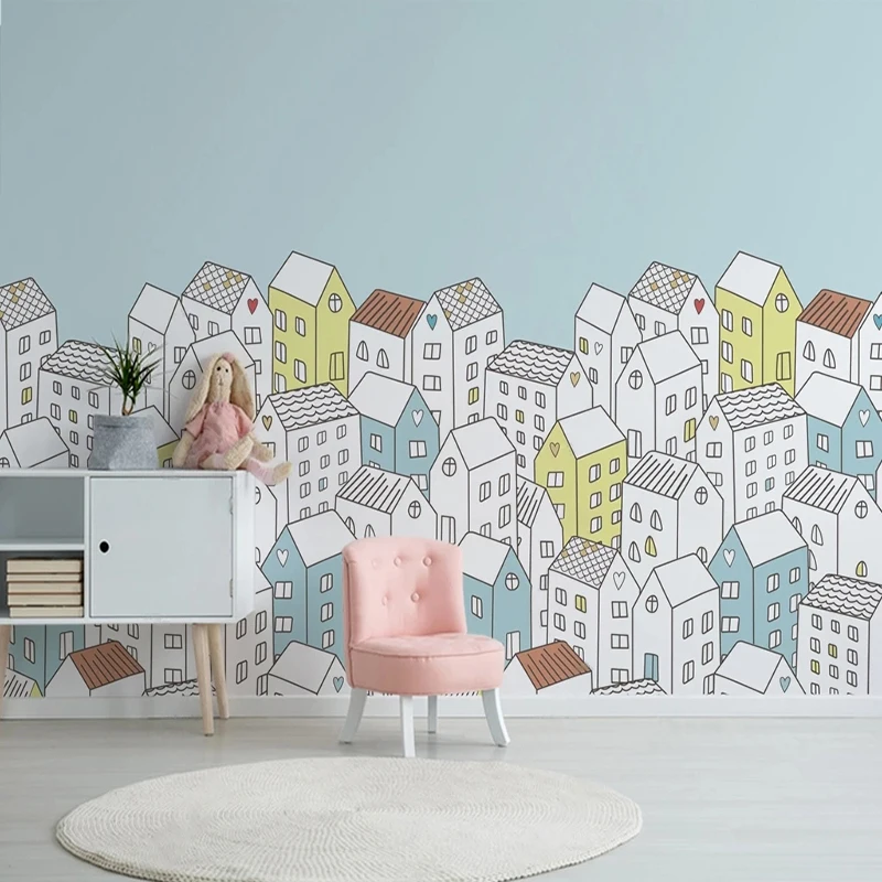 Custom Mural Wallpaper 3D Cartoon Small Town Children's House Background Wall Decor Self-Adhesive Waterproof Sticker 3D Frescoes