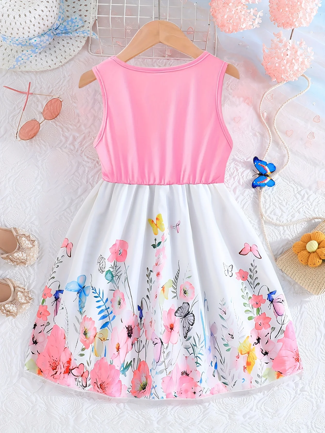 Flowers Pattern Girl\'s Sleeveless Dress, Spring & Summer Vacation Party Casual A-line Dresses, Gift