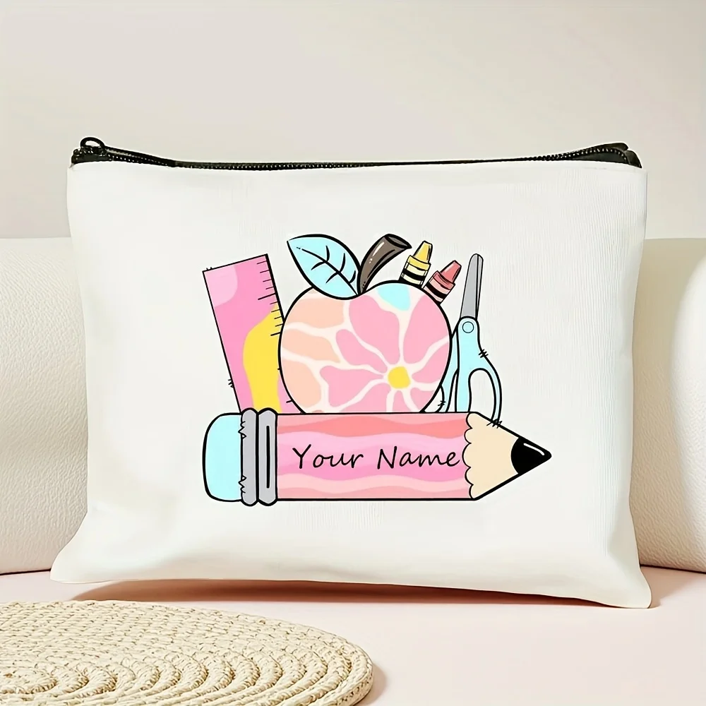 Customizable Pink Cute Apple Teacher's Day Thanksgiving Stationery Bag with Inspirational Print Zippered Pouch Teacher Gifts
