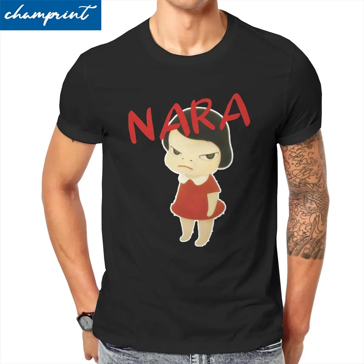 Vintage Yoshitomo Nara Cartoon  T-Shirts for Men Crew Neck 100% Cotton T Shirt Kawaii Short Sleeve Tee Shirt Printing Clothing