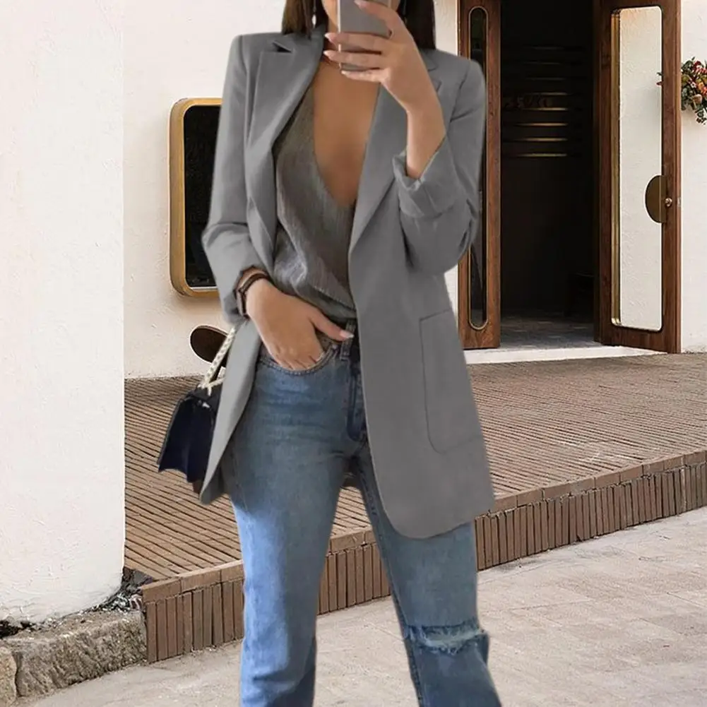 Suit Jacket Elegant Lapel Suit Coat with Big Pockets for Women Long Sleeve Open Front Business Outwear Solid Color Commuting