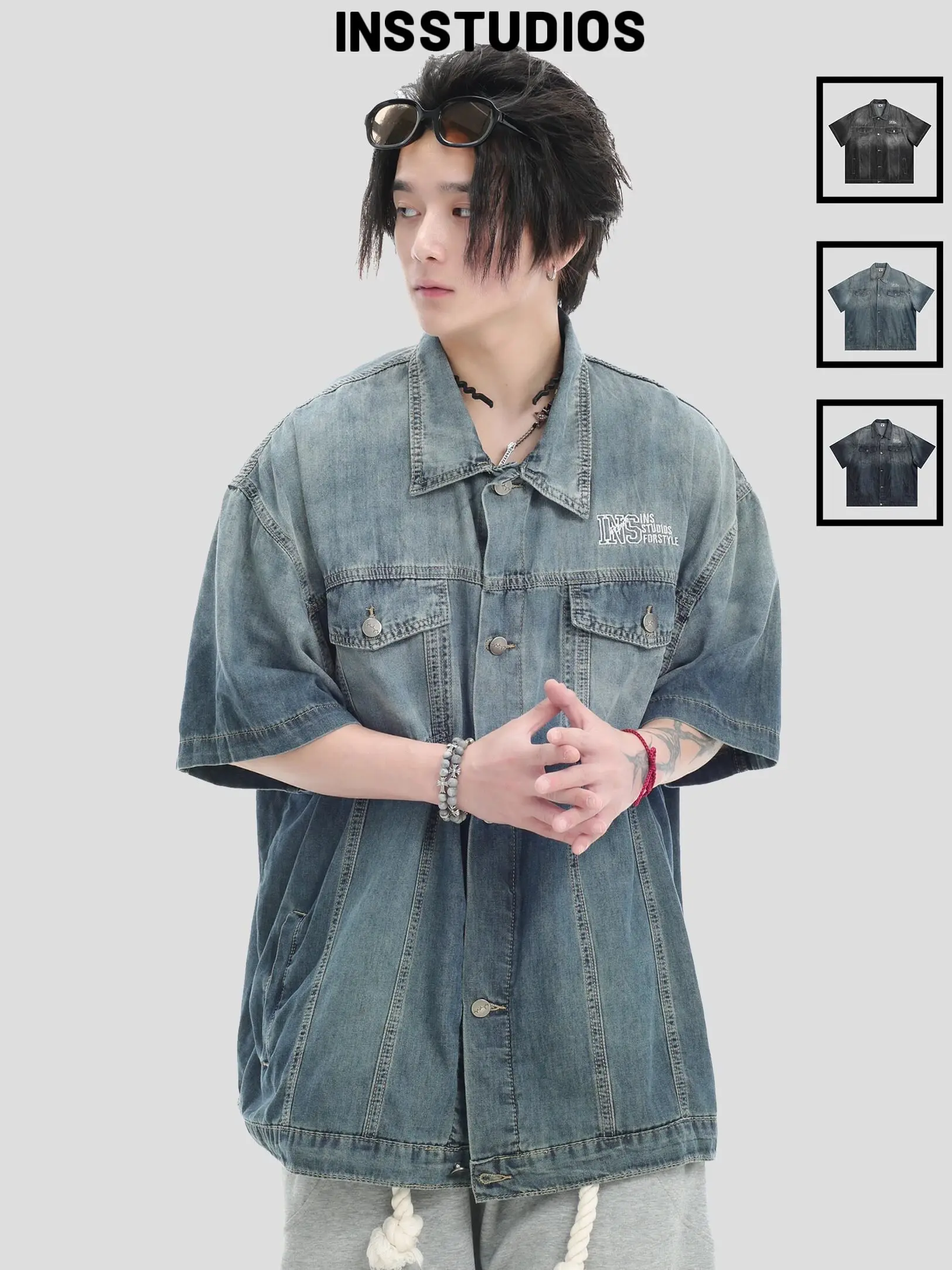 2026 New Autumn Couple Gradient Washed Denim Shirt Multi Pocket Loose Short Sleeve Blouse American Outerwear Shirts