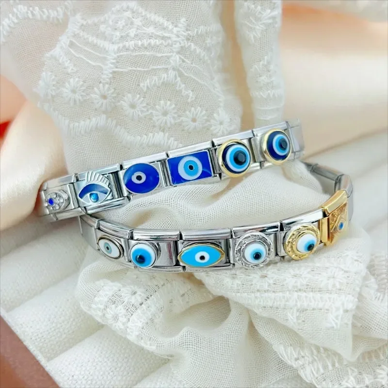 2025 Top Fashion Devil\'s Eye Cream Charm Italian Modular Links Fit 9mm Elastic Bracelet Stainless Steel Jewelry DIY Making