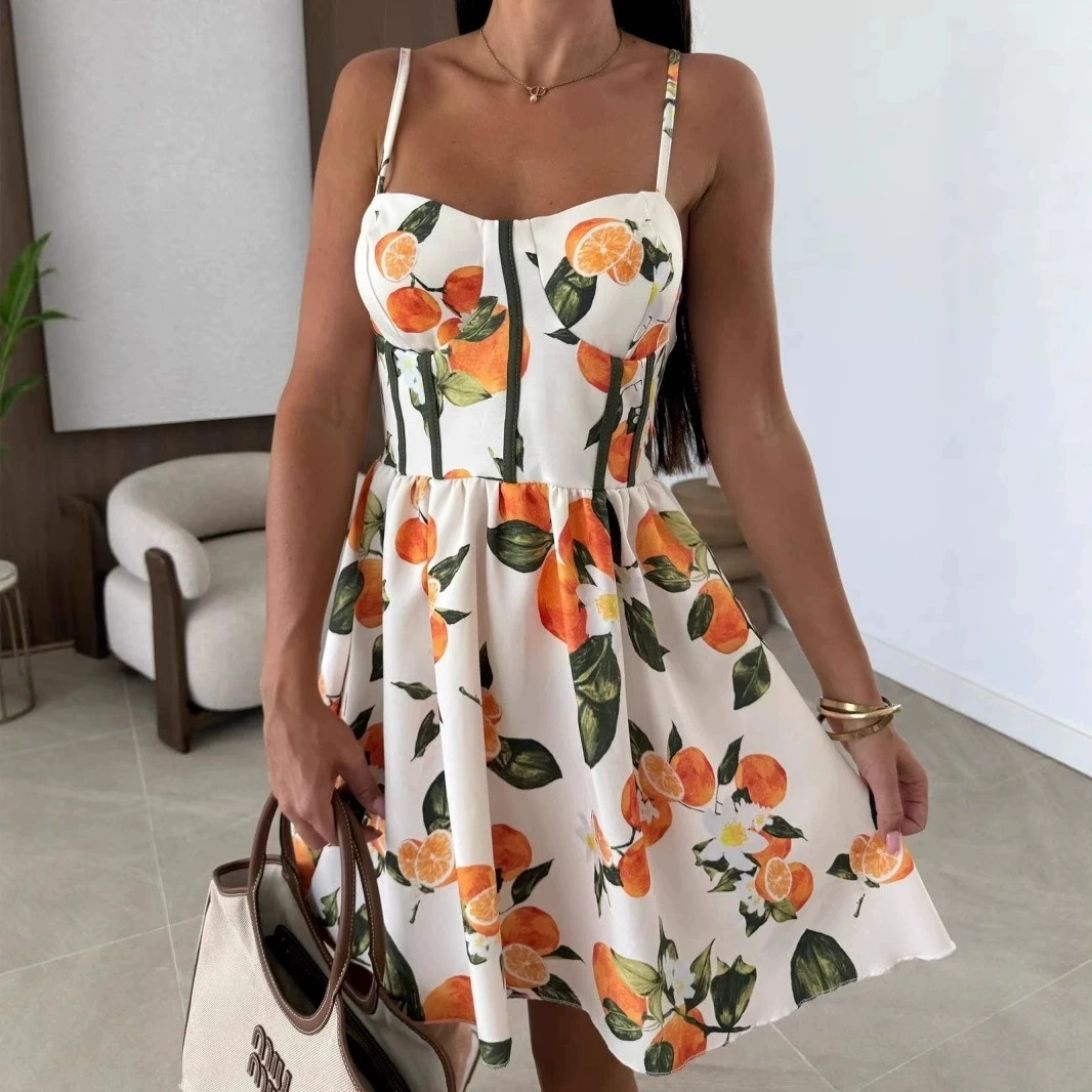 Mini abito estivo con stampa Lady Fashion Sexy senza maniche con cinturino per spaghetti Abiti larghi per le donne Casual Boho Holiday Beach Gonna Nuovo