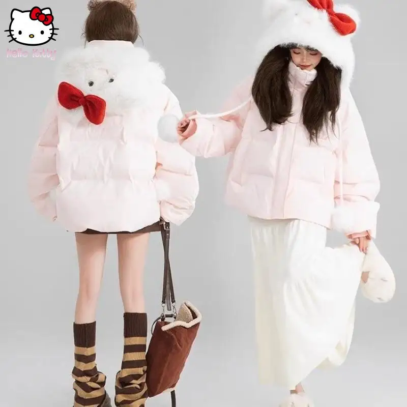 

Sweet Cute Hooded Cotton-Padded Warm Coat Women Bread Jacket Autumn Winter Super Thick Trend Cute Cotton-Padded Clothes Red Bow