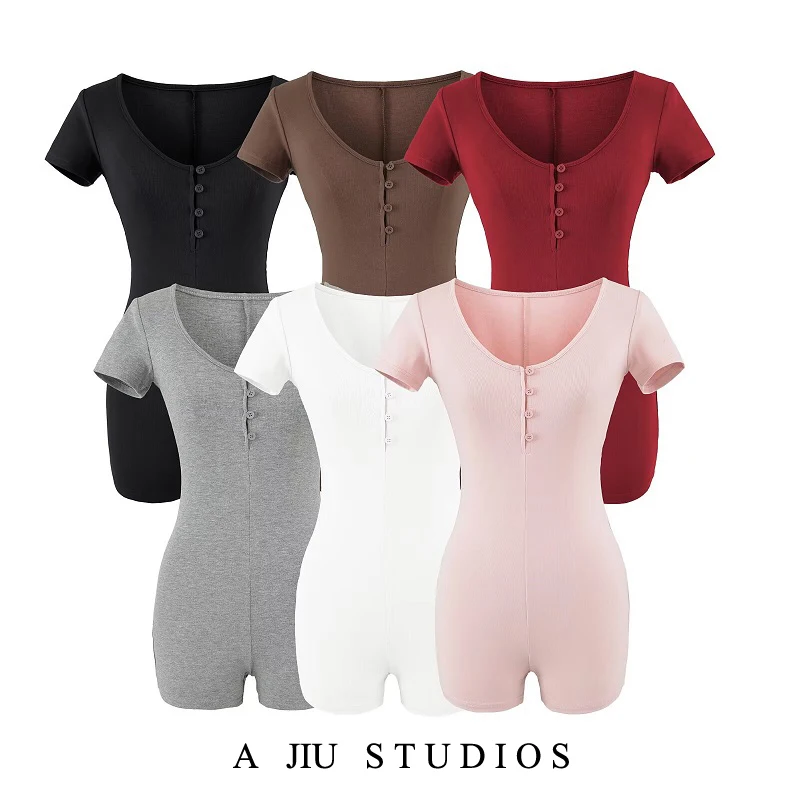 

Женский летний комбинезон для йоги с высокой талией и коротким рукавом, утягивающий, с пуговицами, удобный, эластичный, с короткими штанинами