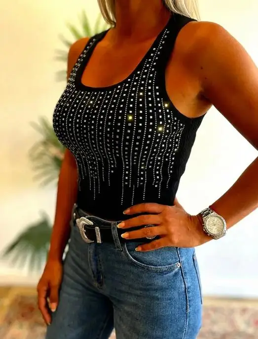 

Top Women 2026 Spring Summer Fashion Rhinestone Decor U-Neck Sleeveless Tee Slim Fit Backless Ribbed Casual Basic Tank Top