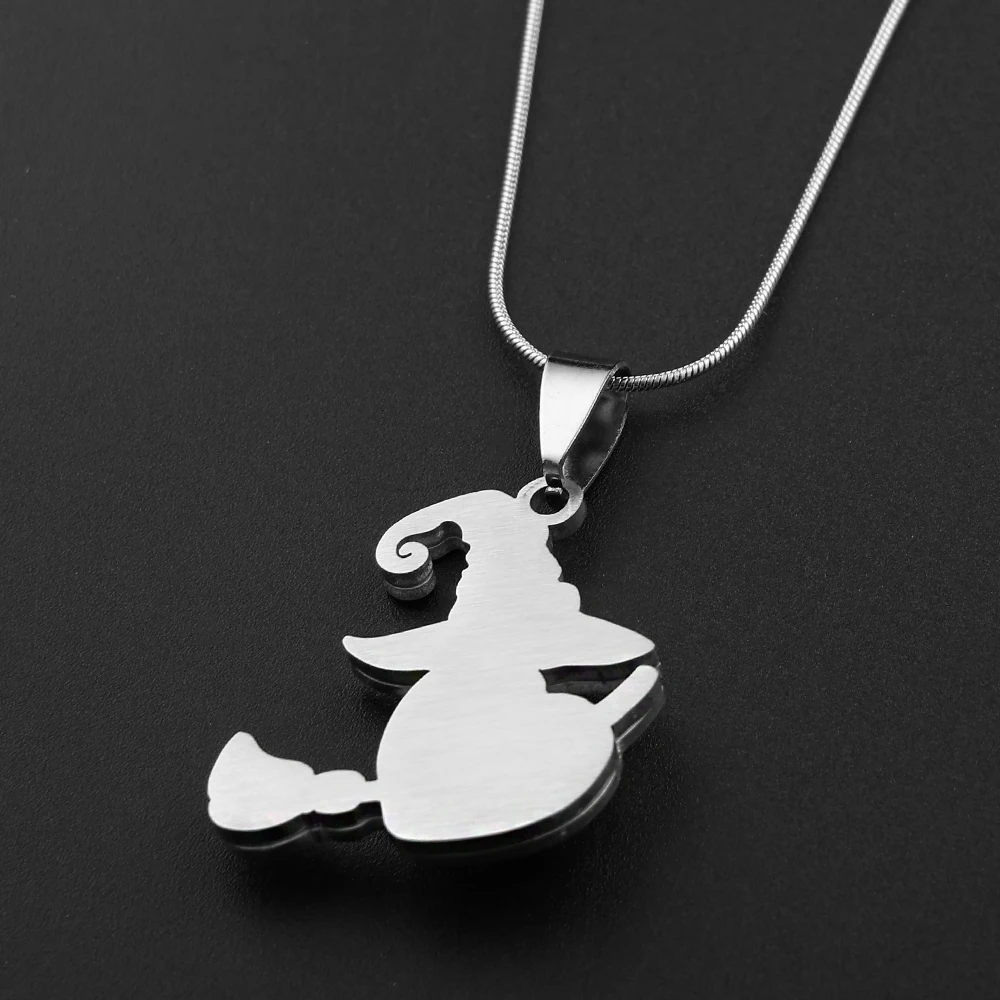 Stainless Steel Witch Hat Broom Pendant Necklace Black Glass Red Heart Magic Necklaces for Women Halloween Party Jewelry Gifts