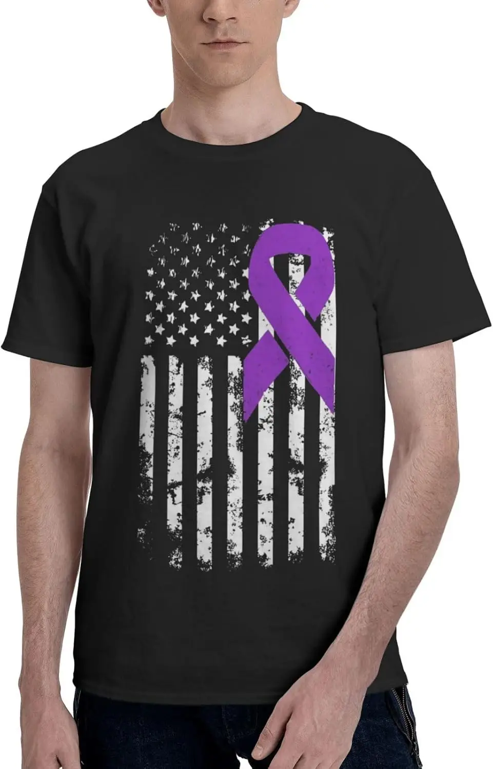 Lupus Awareness America Flag Purple Ribbon T-Shirt Vintage Short-Sleeve