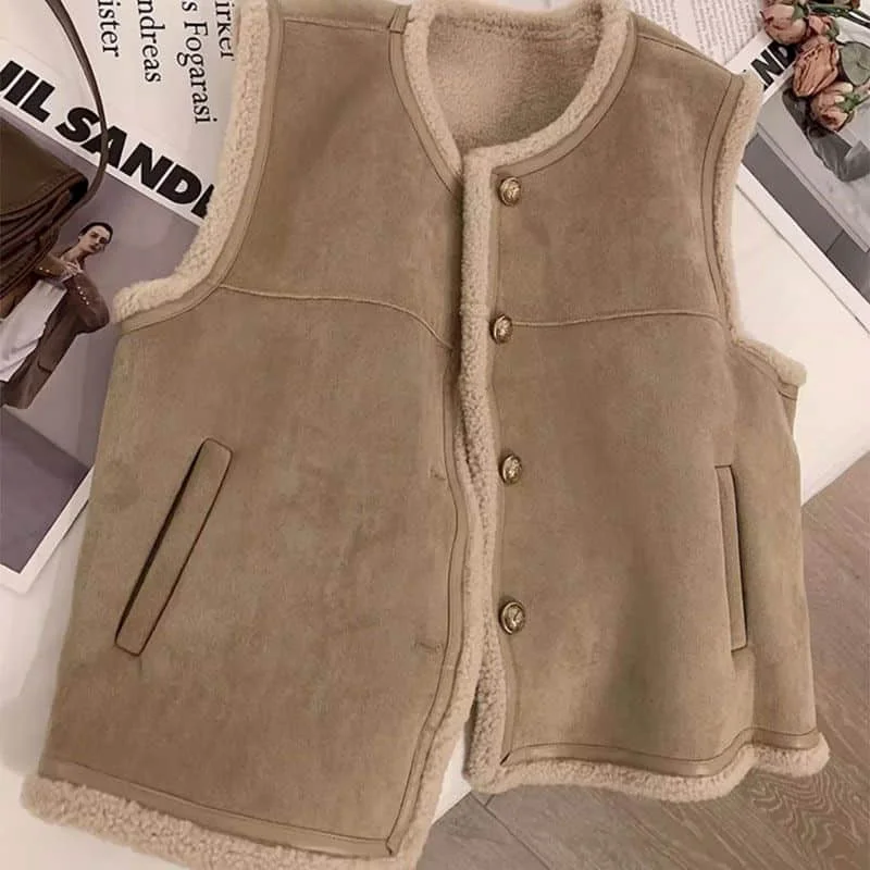 Gilet in pile per donna gilet in peluche con scollo a v cardigan Casual senza maniche giacche oversize invernali in pelo di agnello top larghi da donna