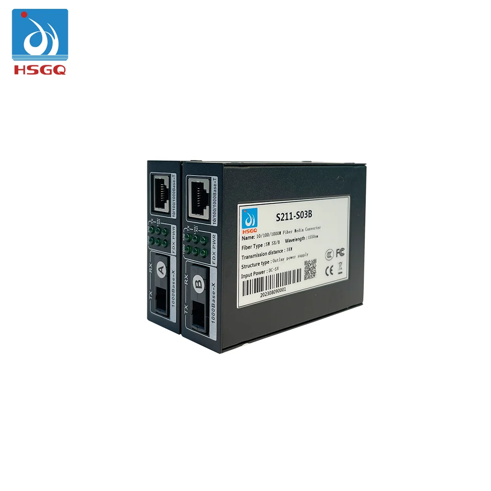 HSGQ 10/100/1000M fiber optic media converter Fiber Transceiver 3km 20km gigabit Ethernet Media Converter rj45