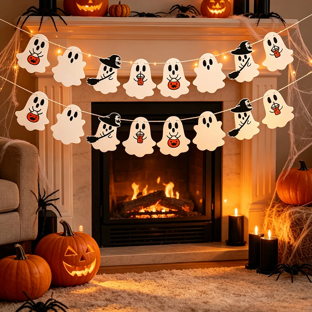 1 Set Halloween-Hängebanner, niedliche Geister-Girlande, Ziehfahne, Anhänger für Halloween-Party, Heimdekoration, Requisiten
