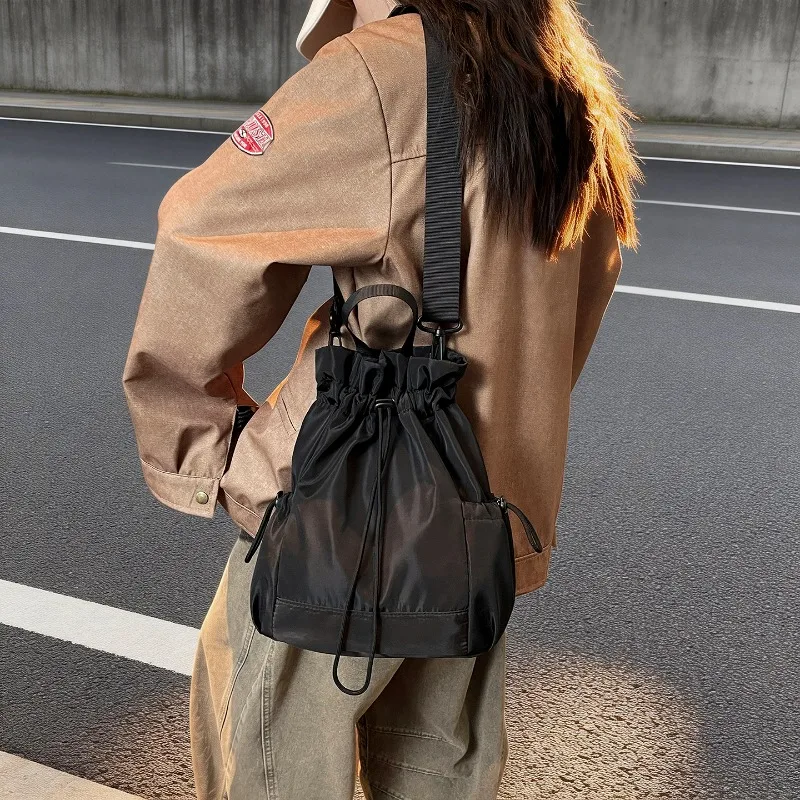 Solid Color Nylon Drawstring Women's Backpack Mini Daypack with Side Pockets School Bags Sweet Lightweight Casual Multi-use Bag