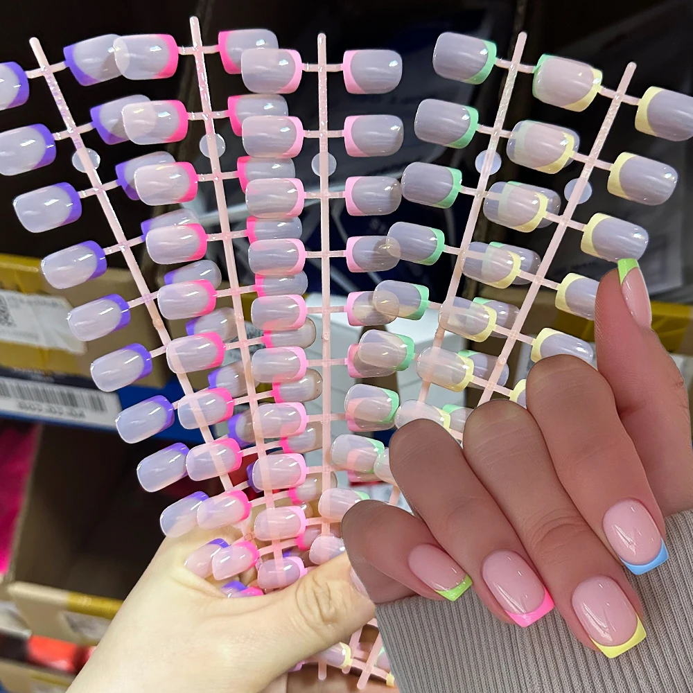 

5Colors/120Pc Short Square French Press-On Nail Set Soft Gel Glossy Acrylic Full Coverage Nail Tips Purple Pink Ombre False Nail