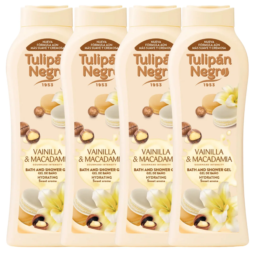 Pack de 4 geles de ducha tulipán negro - gel de baño tulipán negro vainilla y nuez de macadamia 650 ml - aroma dulce y cremoso, hidratación y nutrición para el cuidado diario, con propiedades hidratan