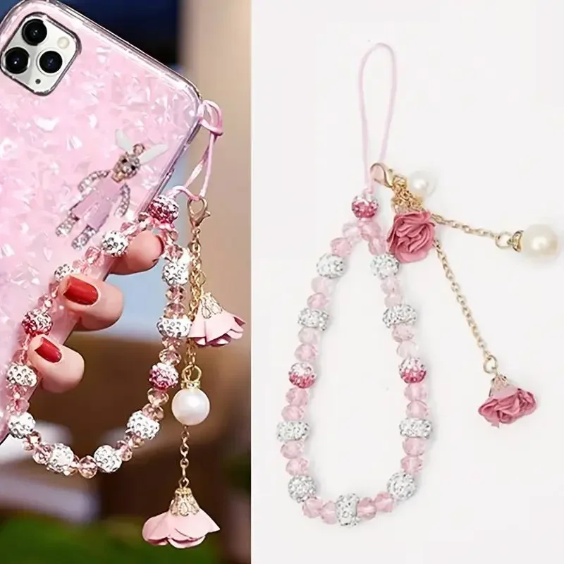 Short Mobile Phone Hanging Rope Creative Gypsum Flower Bracelet Wrist Rope Crystal Phone Case Pendant Fflower Pendant For Women