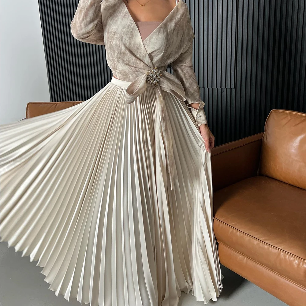 

Exquisite Crystal Off the Shoulder Satin Evening Dresses Fashion A-Line Floor Length V-Neck Long Sleeves Special Occasion Gowns