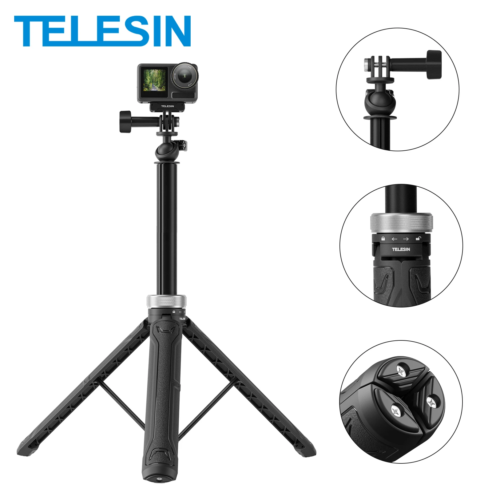 TELESIN 360 °   Trépied pliable pour perche à Selfie, Rotation 1.5M, pour GoPro Hero 13 12 11 10 9 8 7 6 5 Insta360 DJI Osmo Action