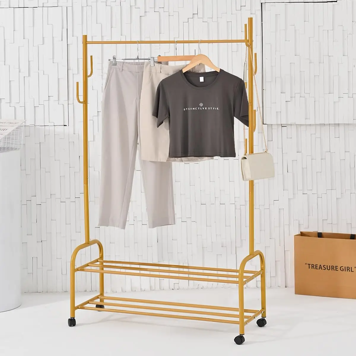 

Gold Clothing Rack with Wheels Double Layer Shelf Heavy Duty 39.4W inches for Clothes Shoes Bags