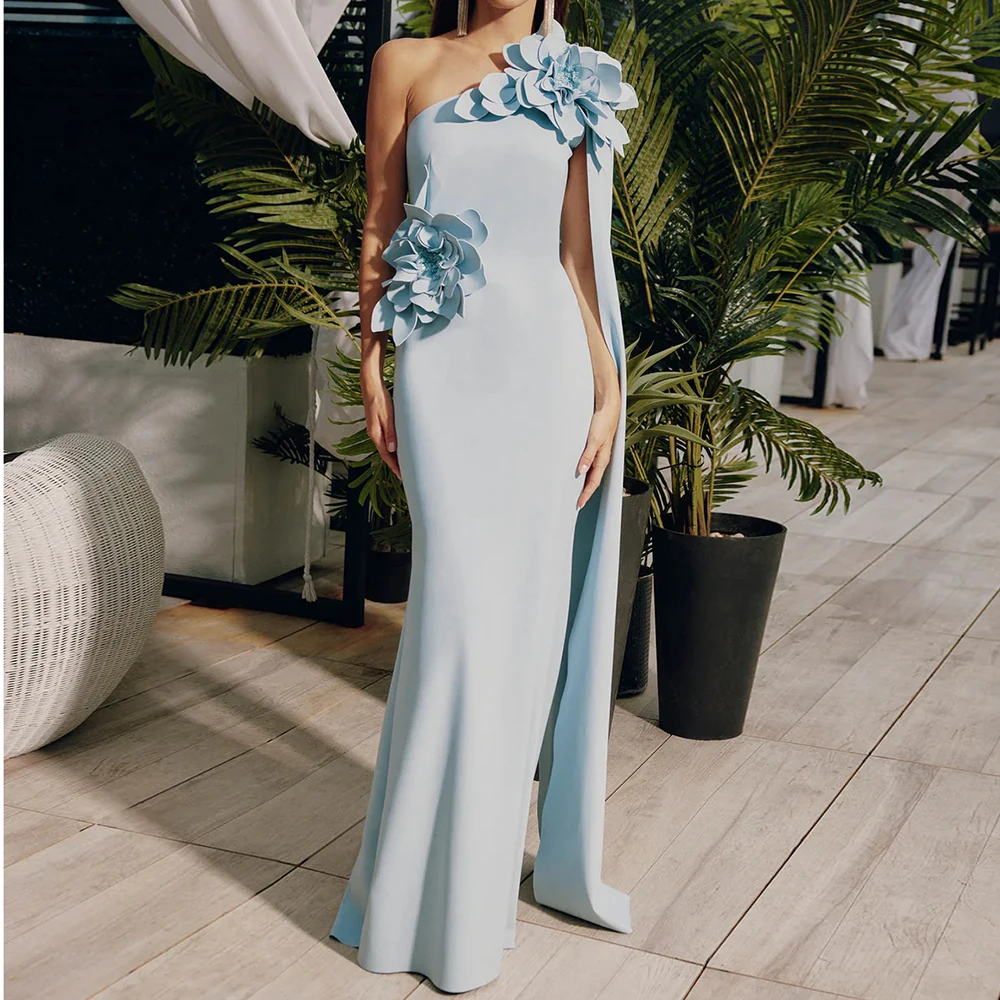 

Customized Mermaid Evening Dresses Floor-length One-shoulder Sleeveless Prom Gown Fashion Stole Flowers Backless Party Gown