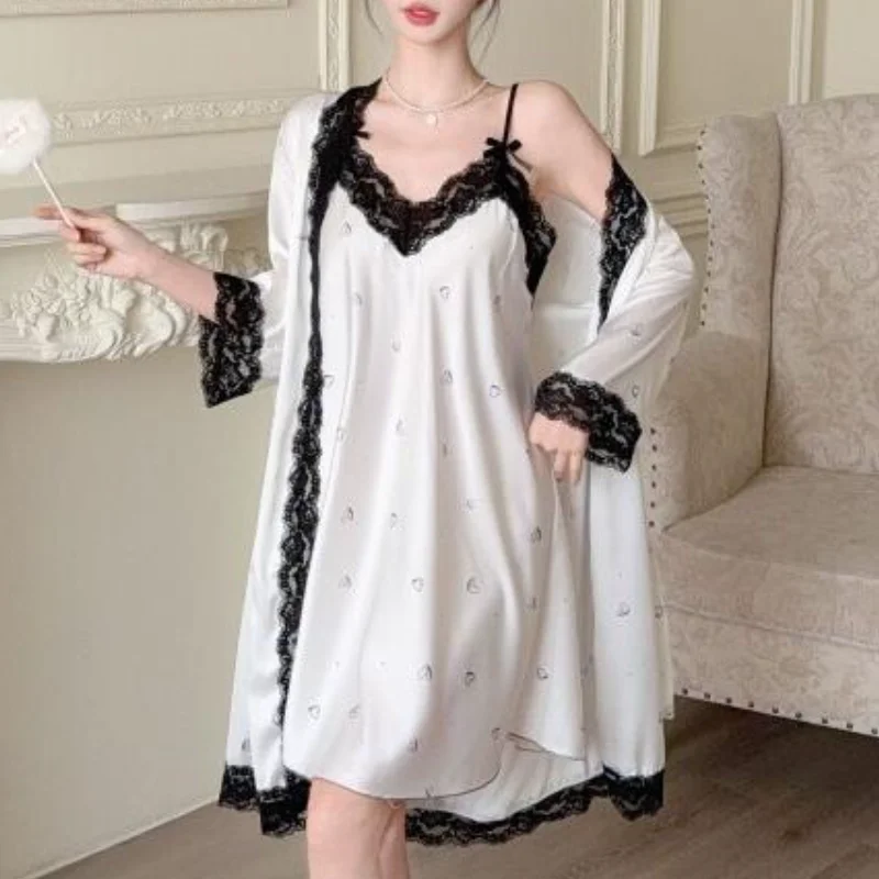 2Pcs Skirt&robe Sleepwear Kimono Bathrobe Satin Lace Patch Work Skirt Nightwear Long Sleeve Robe Home Clothes Elegant Nightie
