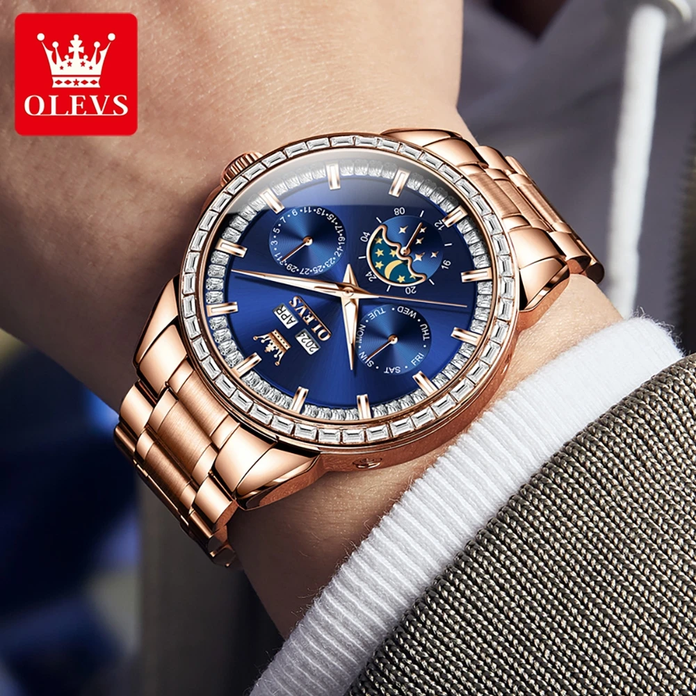 OLEVS 6695 Men\'s Watch Waterproof Calendar Moon Phase Diamond Stainless steel Multifunctional Automatic Mechanical Male Watch