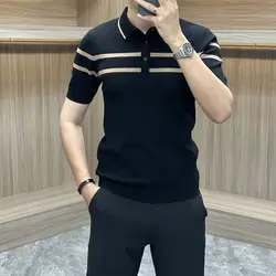 Neue Mode High-End kurz ärmel ige Eis Seide Strick Polos hirt Herren Revers Knopf getäfelt Smart Casual bequeme vielseitige Top