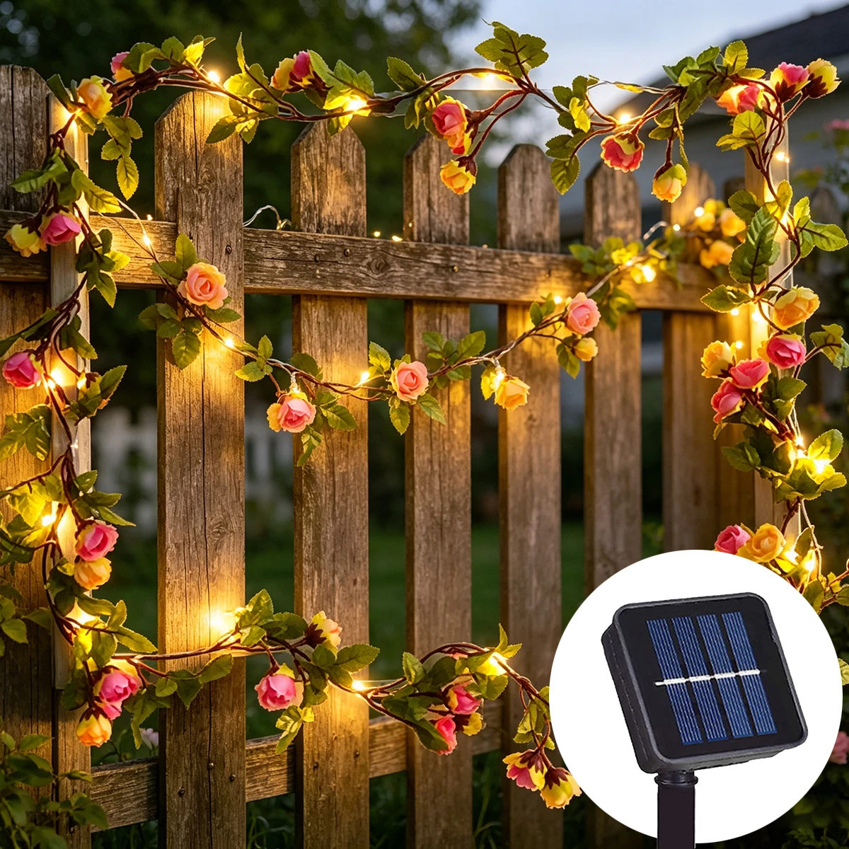 Guirlande lumineuse solaire LED en forme de roses, 2m, 4m, 8m, pour l'extérieur, pour jardin, fête, porche, cour, terrasse, décoration