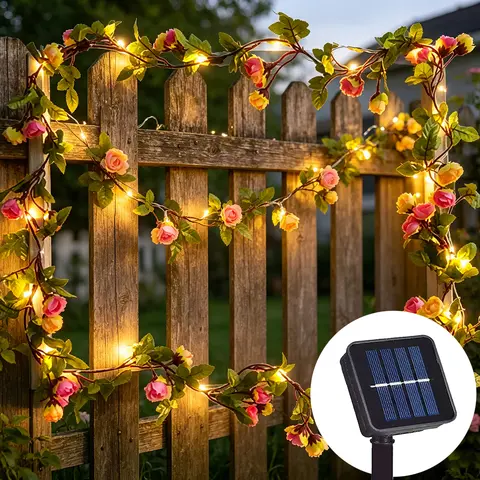 2m 4m 8m LED Rose Fairy Lights Solar Rose String Lights Outdoor Garland For Garden Party Porch Courtyard Terrace Decoration