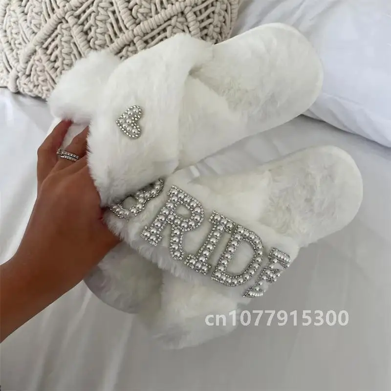 Bride to be white Fluffy Slippers Bridal Shower Wedding Honeymoon spa Sleepover Bachelorette hen do Party decoration Mrs Gift