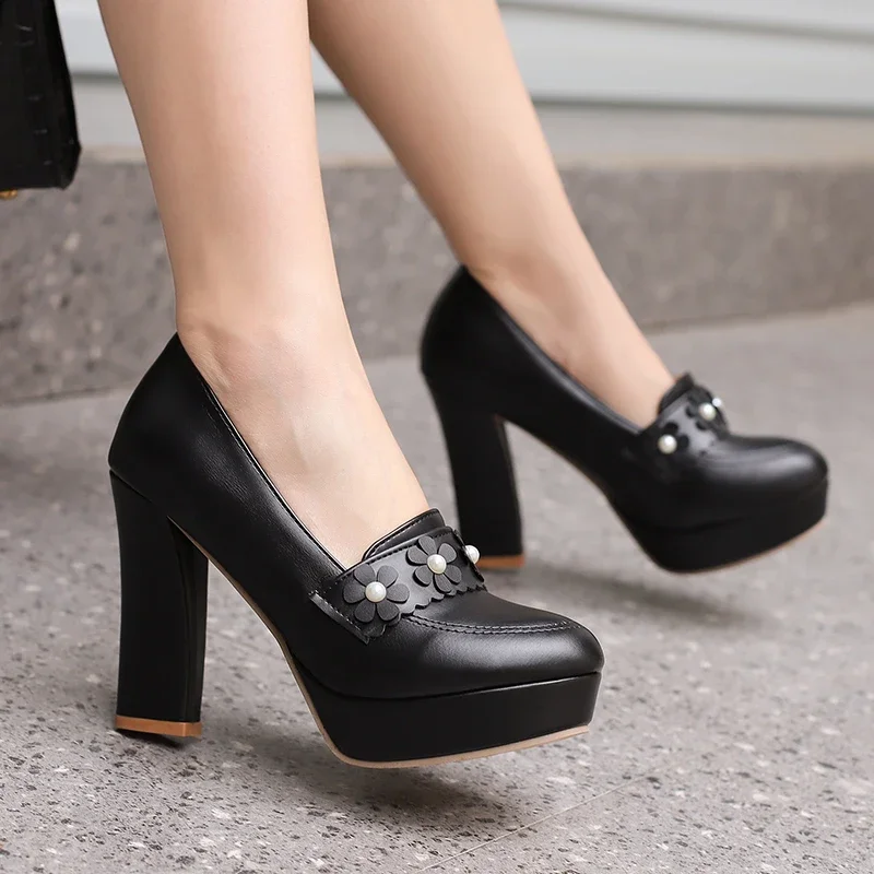 الحلو كاندي الألوان الانزلاق على الزهور اللؤلؤ الأميرة مضخات كتلة عالية الكعب 9 سنتيمتر المدرسة 2025 حفلة فتاة كبيرة أحذية الطفل 7 + y #5